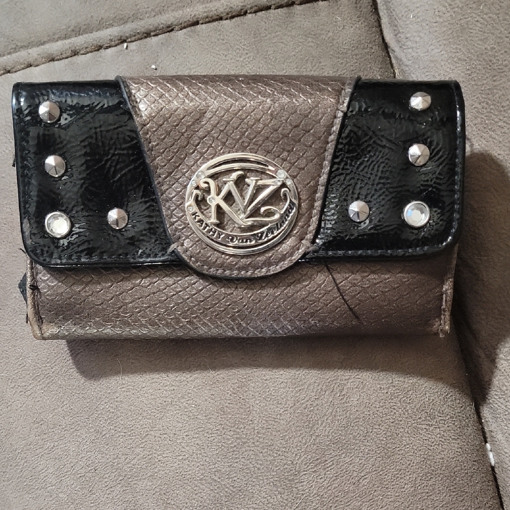 Kathy Van Zeeland Black and Brown Wallet with Silver Details